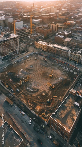 Aerial shot of an urban construction site bathed in the warm glow of dawn, featuring scattered equipment and the framework of buildings.