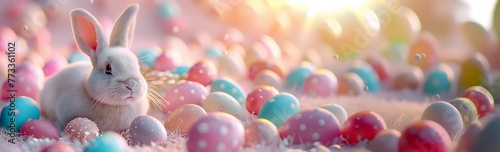 A white rabbit is surrounded by a pile of colorful Easter eggs. The vibrant magenta, peach, and electric blue hues create a stunning pattern, Easter banner