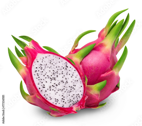 Dragon fruit and half of pitahaya isolated on transparent background.