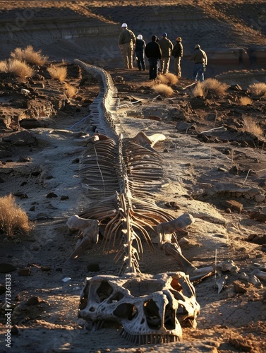 A team of paleontologists examines a long-extinct dinosaur's skeleton at an excavation site, highlighted by the early morning sun. photo