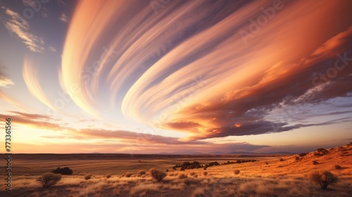 Clouds swirl dramatically above a serene landscape