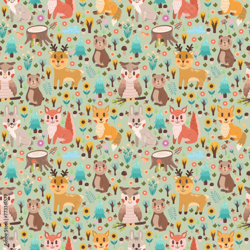 Cute children's seamless pattern with forest inhabitants - squirrel, fox, hare, owl and other animals. Wild animals in the forest vector print for children, or other projects