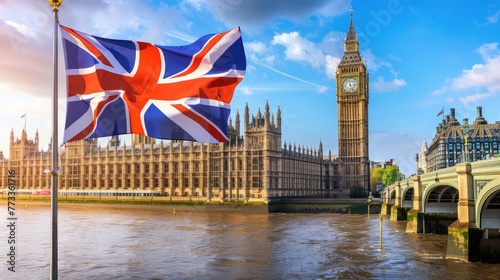 Against London's skyline, the Union Jack waves in front of historic landmarks, epitomizing British heritage and unity. Invest in national identity.