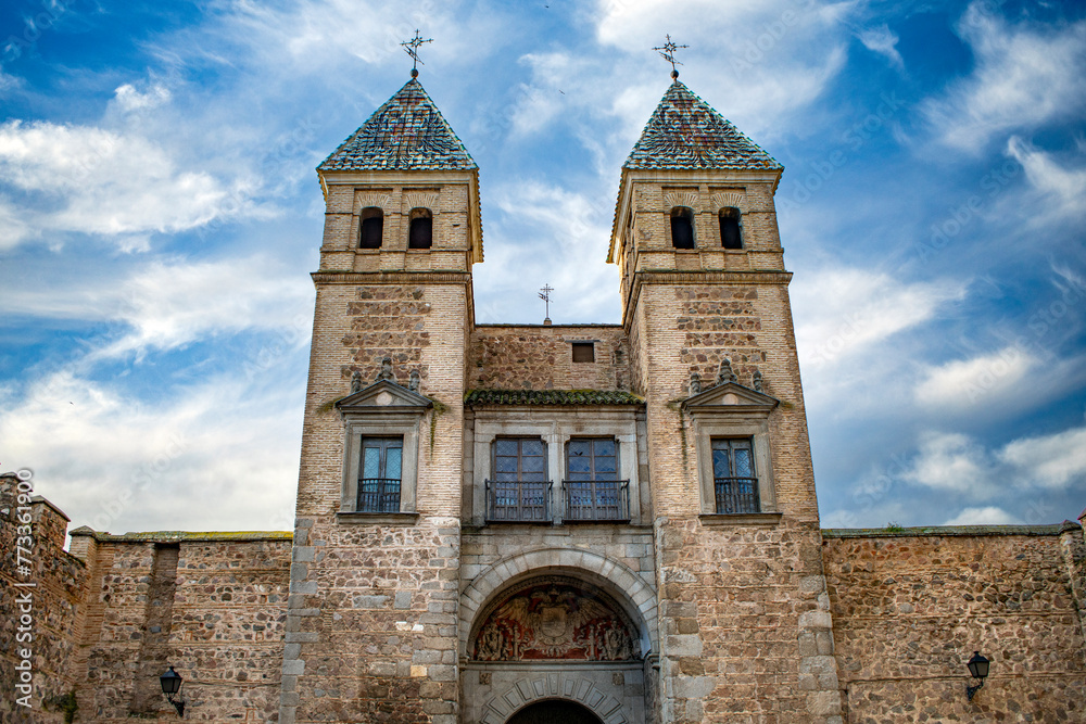 Puerta Nueva de Bisagra in the wall of Toledo, Castilla la Mancha, Spain, with its characteristic towers