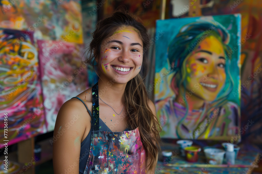Joyful Young Artist. A radiant 22-year-old woman artist stands adorned with splatters of paint, her joyous smile reflecting the vibrant creativity surrounding her.