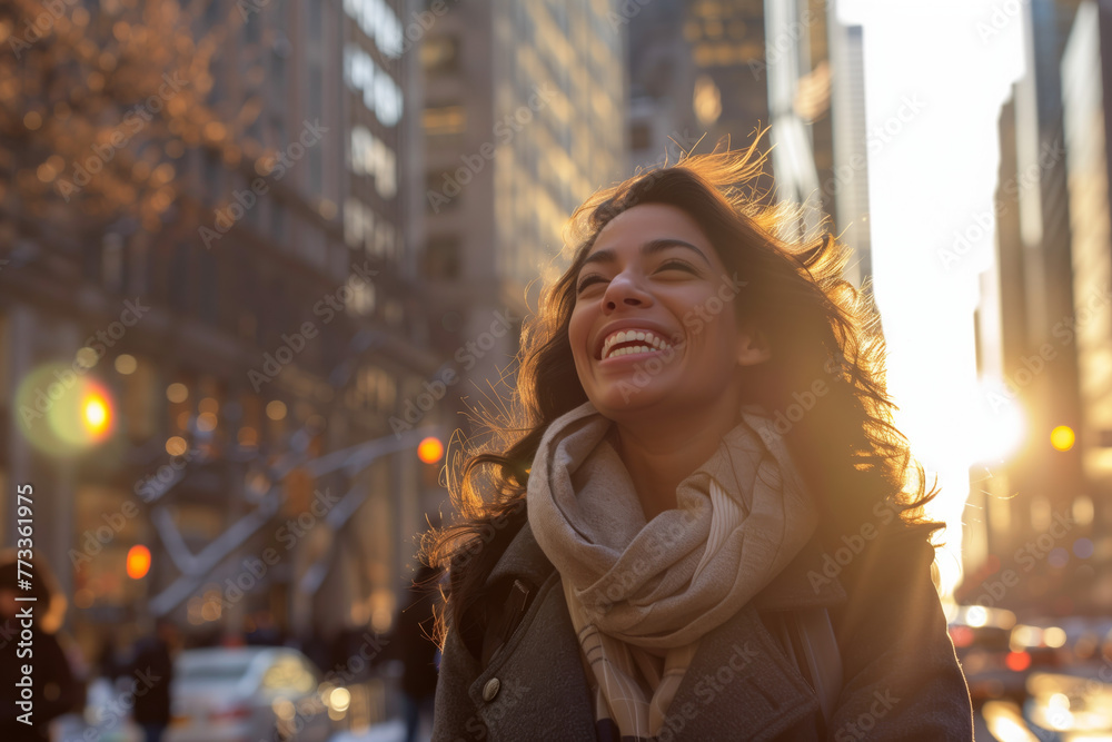 Urban Joy in Sunset Light. A radiant professional revels in a moment of joy, her laughter echoing the vibrant energy of the bustling city at sunset Urban Joy in Sunset Light. A radiant professional revels in a moment of joy, her laughter echoing the vibrant energy of the bustling city at sunset