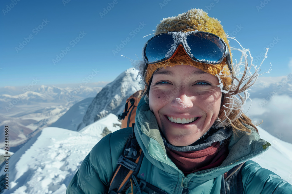 Summit Smile in the Snow. Hiker grins triumphantly at the summit, her face framed by a frost-kissed beanie and snow-reflected sunglasses, embodying the exhilaration of adventure. Summit Smile in the Snow. Hiker grins triumphantly at the summit, her face framed by a frost-kissed beanie and snow-reflected sunglasses, embodying the exhilaration of adventure.