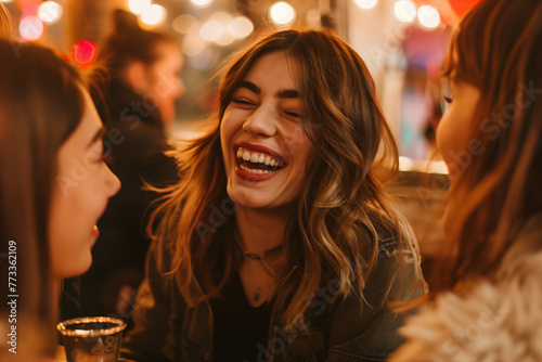 Laughter Among Friends. A candid shot captures the infectious laughter of a woman enjoying a fun moment with friends  her happiness aglow in the ambient lighting
