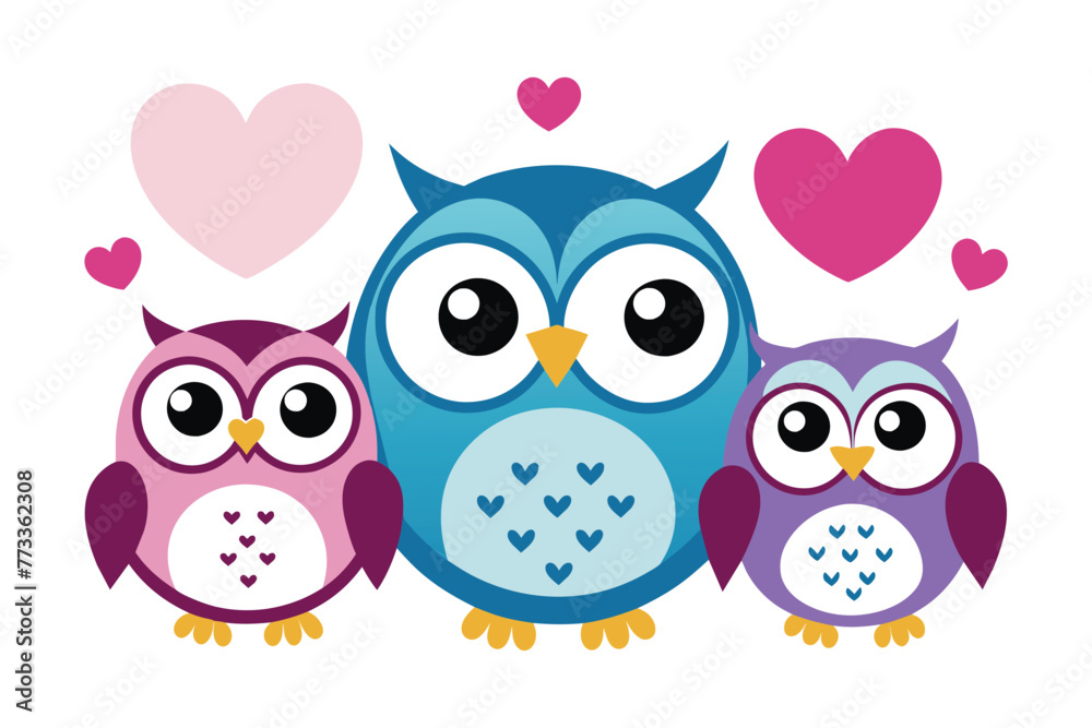 kawai-family-of-owls-with-hearts-vector-illustration.eps