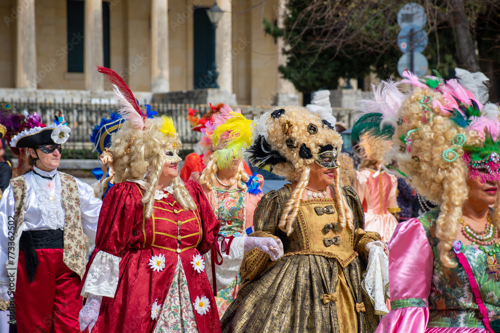 Colorful carnival masks and costumes at a traditional festival in Corfu,Greece