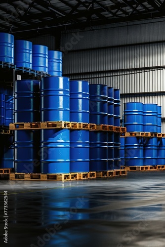Rows of blue industrial barrels stored in a warehouse. Orderly arrangement, industrial barrels in rows.