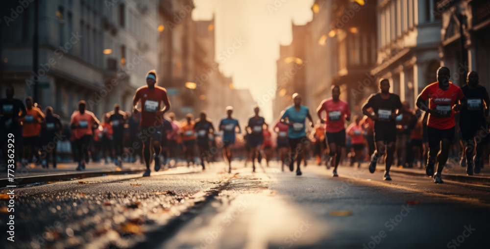 Marathon. A crowd of people running along a city street. Concept of sport, healthy lifestyle