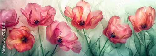A creative arts painting of pink flowers tulips on a lush green background, showcasing the beauty of herbaceous plants and flower arranging art photo