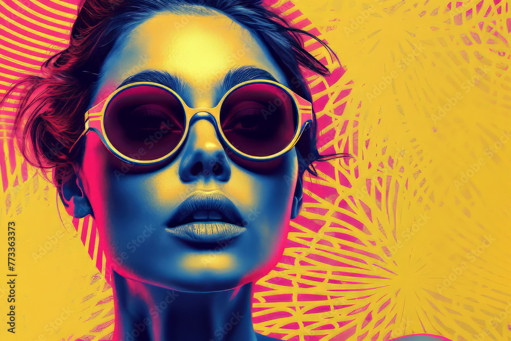 A woman wearing sunglasses and red lipstick Concept of style and confidence. Fashion retro futuristic girl wearing sunglasses. Futuristic pop art fashion woman with geometric pattern background A woman wearing sunglasses and red lipstick Concept of style and confidence. Fashion retro futuristic girl wearing sunglasses. Futuristic pop art fashion woman with geometric pattern background