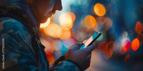 man with a phone on the street on a blurred background in bokeh circles Generative AI