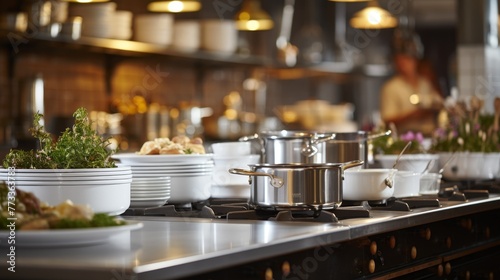 Cookware and Chef's Hat in a Bright Restaurant Kitchen