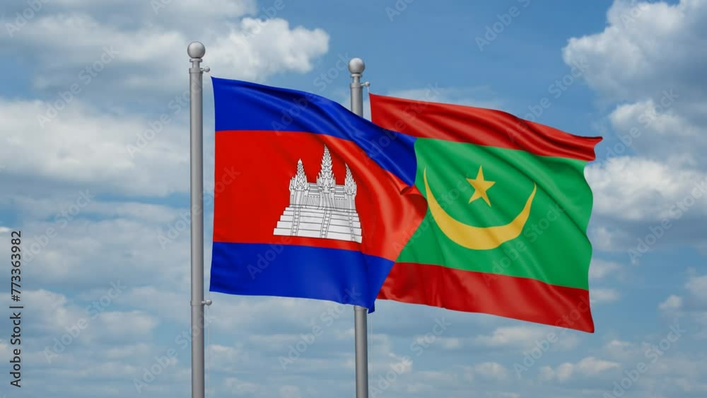 Mauritania and Cambodia two flags waving together, looped video, two country cooperation concept Mauritania and Cambodia two flags waving together, looped video, two country cooperation concept