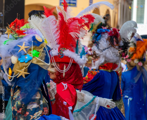 Colorful carnival masks and costumes at a traditional festival in Corfu,Greece