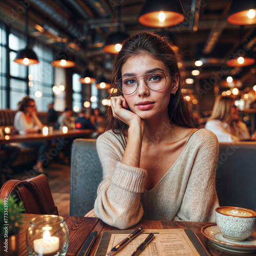 a woman with glasses sitting at a table in a restaurant, a stock photo by Chinwe Chukwuogo-Roy, trending on shutterstock, figurativism, stockphoto, stock photo, sabattier effect © Rustum