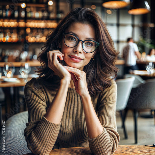 a woman with glasses sitting at a table in a restaurant, a stock photo by Chinwe Chukwuogo-Roy, trending on shutterstock, figurativism, stockphoto, stock photo, sabattier effect photo