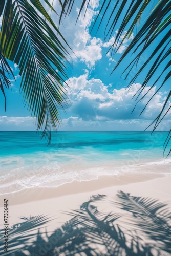 Palm tree and white sand against the background of the azure ocean Generative AI