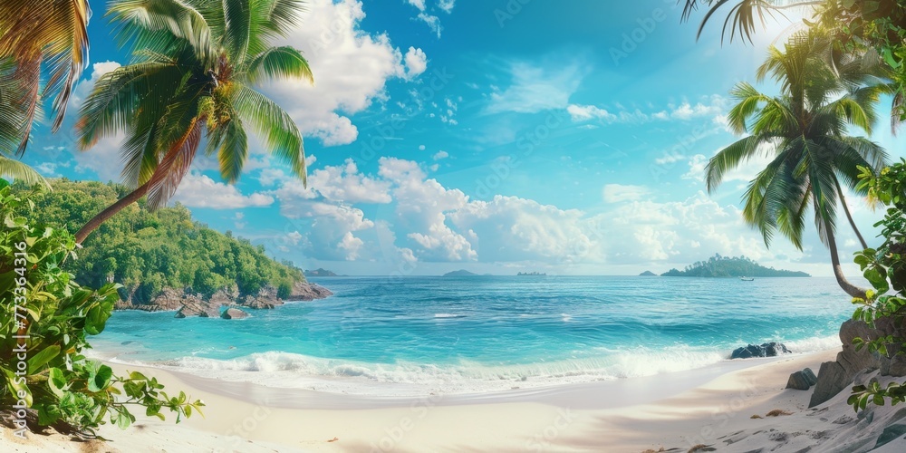 Palm tree and white sand against the background of the azure ocean Generative AI