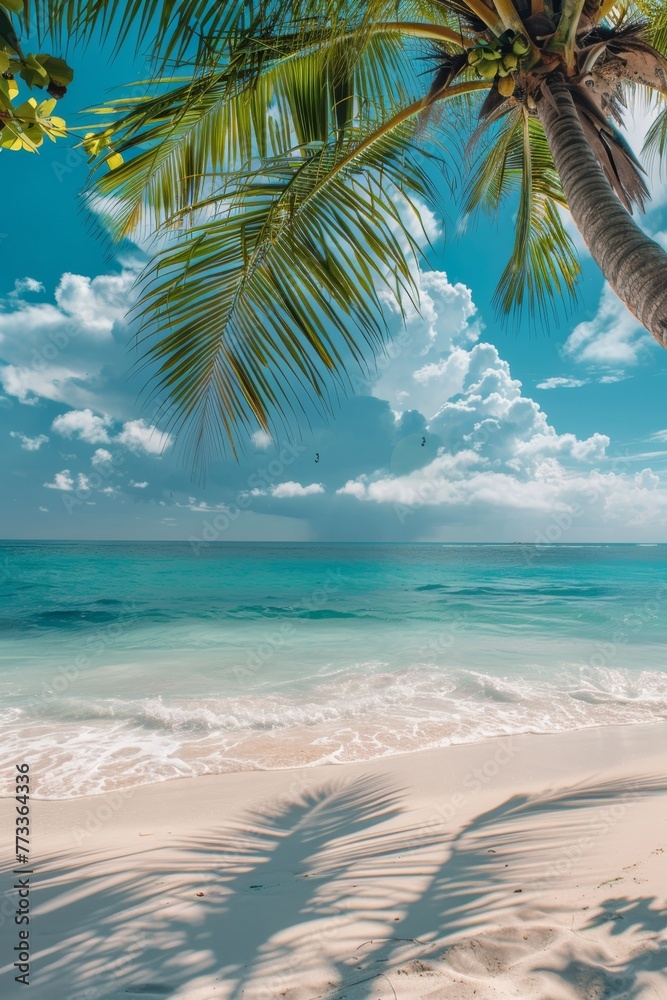 Palm tree and white sand against the background of the azure ocean Generative AI