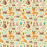 Seamless pattern with different cute animals on a light background, vector print design for your project