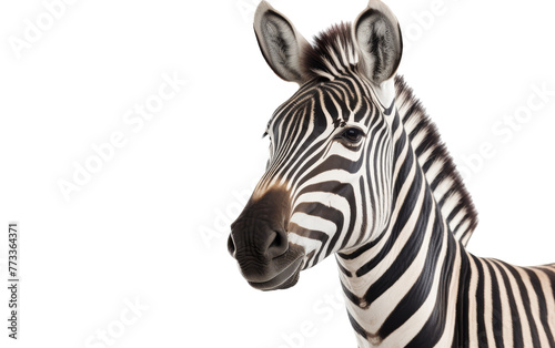 A zebra is shown up close on a white background, showcasing its distinct black and white stripes