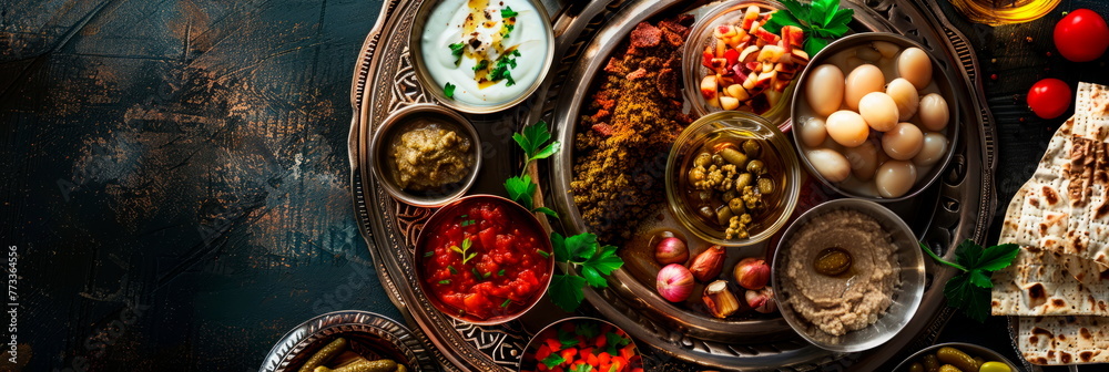 Passover Seder plate with a diverse array of symbolic foods, reflecting the multicultural aspect of the holiday.Generative AI