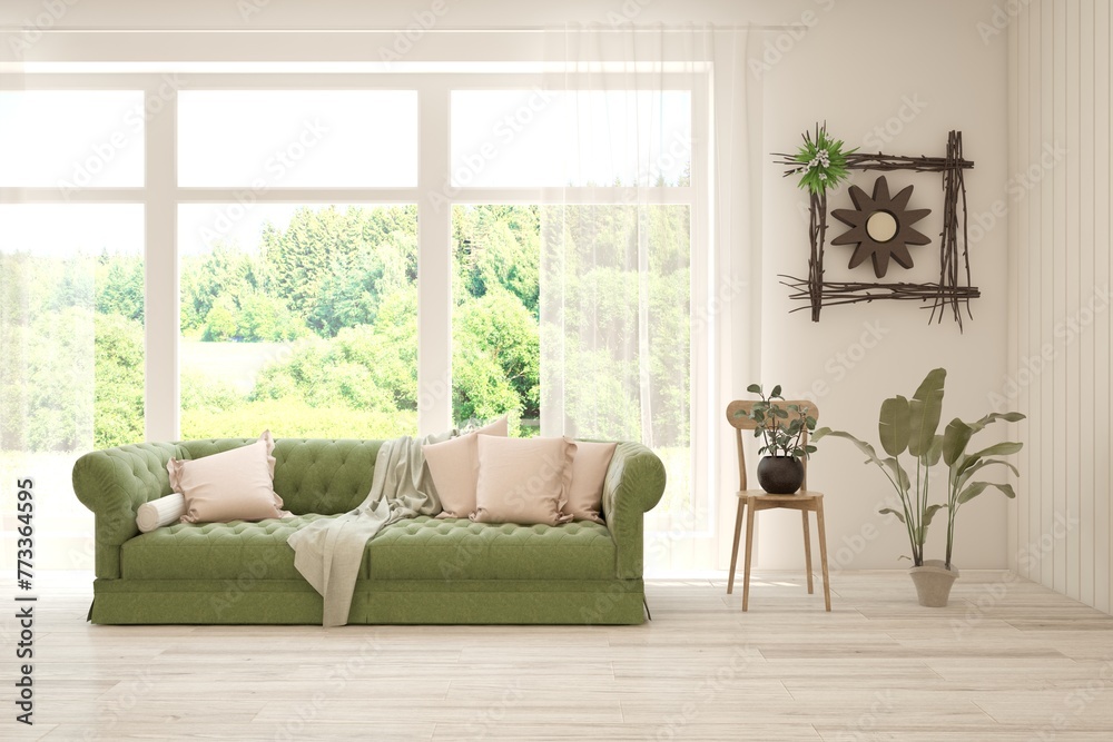 Fototapeta premium Bright interior design with modern furniture and summer landscape in window. 3D illustration