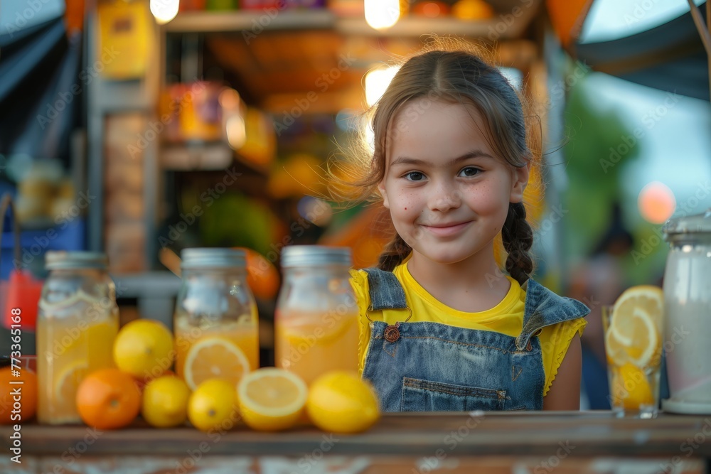 Young Girl Sitting With Lemons and Oranges