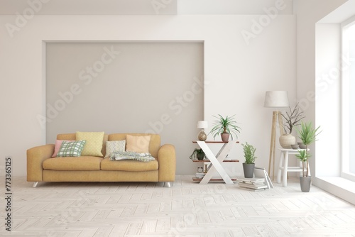White living room with sofa. Scandinavian interior design. 3D illustration