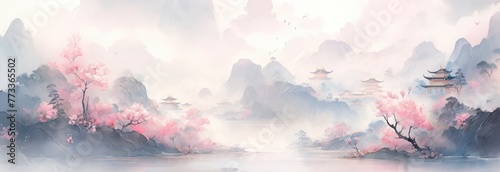 An artistic representation of an ancient Chinese imperial palace in the Neo-Chinese style, with soft pink and blue shades.
