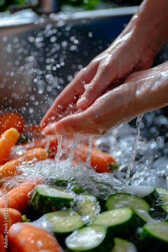 hands wash vegetables splashing water Generative AI