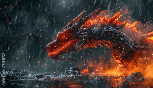 an actual red the dragon with a blazing background, along with rain