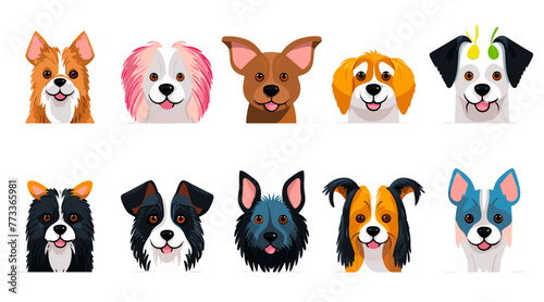 面白い犬の動物の頭のアイコン漫画は、風変わりなカラフルなフラット イラスト スタイルで設定されます。かわいい犬のペットの顔のコレクション、多様な飼い犬。