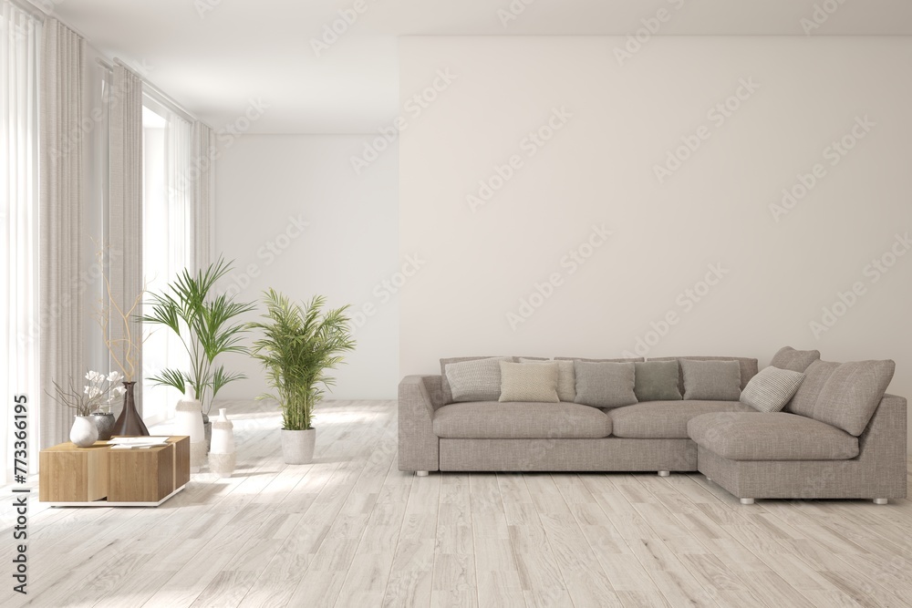 White living room with sofa. Scandinavian interior design. 3D illustration White living room with sofa. Scandinavian interior design. 3D illustration