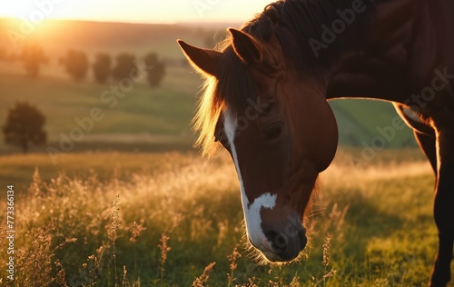 Horse on a meadow at sunset, close-up.