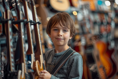 Young Boy Holding Guitar in Store