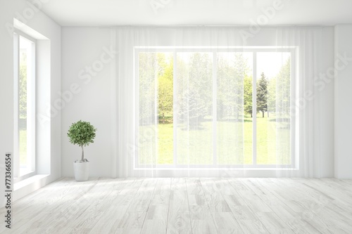 White empty room with summer landscape in window. Scandinavian interior design. 3D illustration