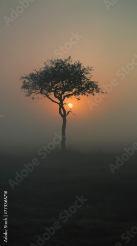 brown grass and a tree on a landscape with fog during sunrise