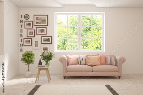 Bright interior design with modern furniture and summer landscape in window. 3D illustration