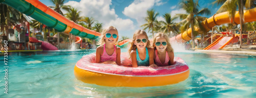 Joyful children laugh on a water slide, embodying carefree summer fun. Splashes of water glitter in the sun as smiles brighten the vibrant waterpark.