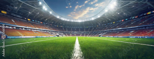 An empty stadium bathed in sunlight, ready for the upcoming sports event. The lush green field awaits players and fans for moments of thrilling athleticism. © Igor Tichonow