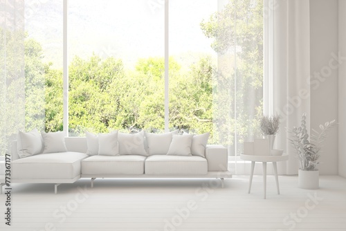 Grey living room concept with sofa and summer landscape in window. Scandinavian interior design. 3D illustration © AntonSh
