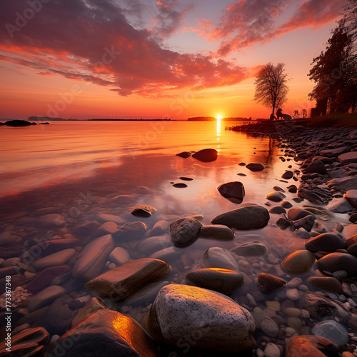 Sunset Over A Beach With Rocks And Water And A Body Of Water