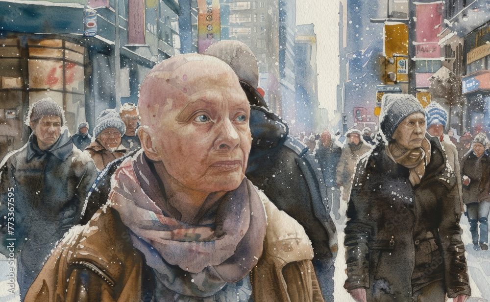 A painting depicting mature bald woman standing in the middle of a bustling street filled with people and vehicles