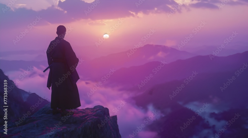 Obraz premium Sunset Mastery: Kung Fu Maestro Perfects Art on Clifftop