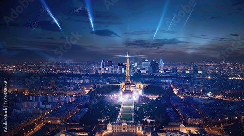 Amidst the Parisian night, of the 2024 Summer Olympic Games. Invest in the city's nocturnal spectacle, celebrating athleticism under the stars!